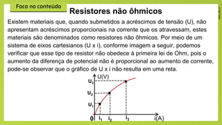 Existem materiais que, quando submetidos a acréscimos de tensão (U), não
apresentam acréscimos proporcionais na corrente que os atravessam, estes
materiais são denominados como resistores não ôhmicos. Por meio de um
sistema de eixos cartesianos (U x i), conforme imagem a seguir, podemos
verificar que esse tipo de resistor não obedece à primeira lei de Ohm, pois o
aumento da diferença de potencial não é proporcional ao aumento de corrente,
pode-se observar que o gráfico de U x i não resulta em uma reta.
Resistores não ôhmicos
0
U(V)
i(A)
i1 i2
i3
U3
U2
U1
 