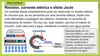 Um exemplo desse comportamento pode ser observado no resistor elétrico
do chuveiro que, ao ser percorrido por uma corrente elétrica, impõe uma
certa dificuldade à passagem dos elétrons, resultando no aumento de
temperatura do resistor. Por sua vez, esse resistor, que fica no interior do
chuveiro, cede calor para a água, resultando no banho com água quente.
verão
inverno
6600W/4400 W – 220 V
A
B
resistor
chave
conexões
Rede
elétrica
Resistor, corrente elétrica e efeito Joule
Representação de um
chuveiro elétrico, com suas
especificações impressas e
um esquema da parte
interna, destacando o
resistor, a chave e os pontos
de conexão para regular a
temperatura da água.
 