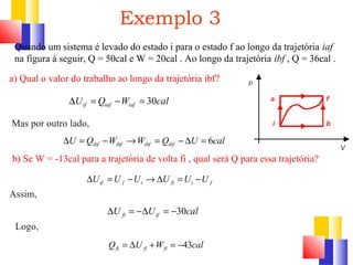 Quando um sistema é levado do estado i para o estado f ao longo da trajetória iaf 
na figura à seguir, Q = 50cal e W = 20cal . Ao longo da trajetória ibf , Q = 36cal . 
a) Qual o valor do trabalho ao longo da trajetória ibf? 
U Q W cal if iaf iaf D = - = 30 
Mas por outro lado, 
Exemplo 3 
U Q W W Q U cal ibf ibf ibf ibf D = - ® = - D = 6 
b) Se W = -13cal para a trajetória de volta fi , qual será Q para essa trajetória? 
if f i fi i f DU =U -U ®DU =U -U 
Assim, 
U U cal fi if D = -D = -30 
Logo, 
Q U W cal fi fi fi = D + = -43 
 