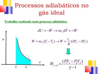 Processos adiabáticos no 
Trabalho realizado num processo adiabático 
P 
W = nc T - T ® W = c PV - 
PV 
V 
Vi Vf 
dU = -W ®ncvdT = -W 
W = PV - 
PV 
1 1 2 2 
1 2 
( ) 
1 
® g 
- 
gás ideal 
1 2 1 1 1 1 ( ) v ( ) 
v 
R 
 