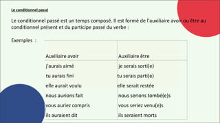 Le conditionnel passé
Le conditionnel passé est un temps composé. Il est formé de l'auxiliaire avoir ou être au
conditionnel présent et du participe passé du verbe :
Exemples :
Auxiliaire avoir Auxiliaire être
j'aurais aimé
tu aurais fini
elle aurait voulu
nous aurions fait
vous auriez compris
ils auraient dit
je serais sorti(e)
tu serais parti(e)
elle serait restée
nous serions tombé(e)s
vous seriez venu(e)s
ils seraient morts
 