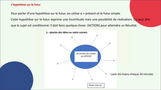 L'hypothèse sur le futur
Pour parler d'une hypothèse sur le futur, on utilise si + présent et le futur simple.
Cette hypothèse sur le futur exprime une incertitude mais une possibilité de réalisation. Ca veut dire
que le sujet est conditionné. Il doit faire quelque chose (ACTION) pour atteindre un Résultat.
Laver les mains chaque 20 minutes
 