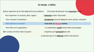 Ce temps s'utilise
I) Pour exprimer qu'un fait dépend d'une condition: S'il cessait de pleuvoir nous pourrions sortir.
Pour exprimer un souhait, désir, regret : J'aimerais visiter l'Australie!
Pour marquer la politesse : Accepteriez-vous de déplacer votre voiture, elle gêne.
Pour donner un conseil : Il est tard, tu devrais rentrer.
Pour faire une supposition: Le cambrioleur serait encore dans les parages.
II) Il a valeur de futur dans le passé : J'espérais qu'il arriverait plus tôt.
Je pensais que tu m'aiderais à faire mes devoirs.
 