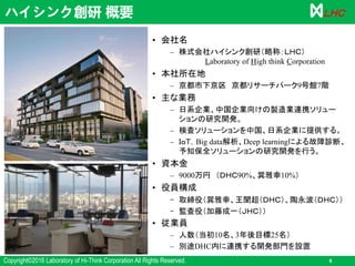 Copyright©2016 Laboratory of Hi-Think Corporation All Rights Reserved. 6
ＬＨＣ
• 会社名
– 株式会社ハイシンク創研（略称：ＬＨＣ）
Laboratory of High think Corporation
• 本社所在地
– 京都市下京区 京都リサーチパーク9号館7階
• 主な業務
– 日系企業、中国企業向けの製造業連携ソリュー
ションの研究開発。
– 検査ソリューションを中国、日系企業に提供する。
– ＩｏＴ，Big data解析、Deep learningによる故障診断、
予知保全ソリューションの研究開発を行う。
• 資本金
– 9000万円 （ＤＨＣ90%、巽雅幸10%）
• 役員構成
– 取締役（巽雅幸、王聞超（ＤＨＣ）、陶永波（ＤＨＣ））
– 監査役（加藤成一（ＪＨＣ））
• 従業員
– 人数（当初10名、3年後目標25名）
– 別途DHC内に連携する開発部門を設置
ハイシンク創研 概要
 