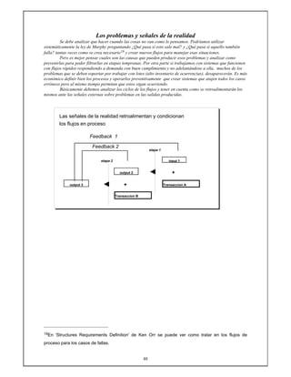 48
Los problemas y señales de la realidad
Se debe analizar que hacer cuando las cosas no van como lo pensamos. Podríamos utilizar
sistemáticamente la ley de Murphy preguntando ¿Qué pasa si esto sale mal? y ¿Qué pasa si aquello también
falla? tantas veces como se crea necesario19 y crear nuevos flujos para manejar esas situaciones.
Pero es mejor pensar cuales son las causas que pueden producir esos problemas y analizar como
prevenirlas para poder filtrarlas en etapas tempranas. Por otra parte si trabajamos con sistemas que funcionen
con flujos rápidos respondiendo a demanda con buen cumplimiento y no adelantándose a ella, muchos de los
problemas que se deben soportar por trabajar con lotes (alto inventario de ocurrencias), desaparecerán. Es más
económico definir bien los procesos y operarlos preventivamente que crear sistemas que atajen todos los casos
erróneos pero al mismo tiempo permitan que estos sigan ocurriendo.
Básicamente debemos analizar los ciclos de los flujos y tener en cuenta como se retroalimentarán los
mismos ante las señales externas sobre problemas en las salidas producidas.
etapa 1
etapa 2 input 1
output 2 +
output 3 + Transaccion A
Transaccion B
Feedback 1
Feedback 2
los flujos en proceso
Las señales de la realidad retroalimentan y condicionan
19En 'Structures Requirements Definition' de Ken Orr se puede ver como tratar en los flujos de
proceso para los casos de fallas.
 