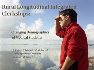 Rural Longitudinal Integrated 
Clerkships: 
Changing Demographics 
of Medical Students 
D. Myhre, P. Adamiak, W. Woloschuk 
Cumming School of Medicine, 
University of Calgary 
 