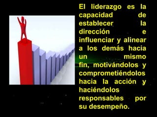 El liderazgo es la
capacidad
de
establecer
la
dirección
e
influenciar y alinear
a los demás hacia
un
mismo
fin, motivándolos y
comprometiéndolos
hacia la acción y
haciéndolos
responsables
por
su desempeño.

 