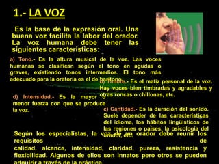 1.- LA VOZ
Es la base de la expresión oral. Una
buena voz facilita la labor del orador.
La voz humana debe tener las
siguientes características:
a) Tono.- Es la altura musical de la voz. Las voces
humanas se clasifican según el tono en agudas o
graves, existiendo tonos intermedios. El tono más
adecuado para la oratoria es el de barítono. Es el matiz personal de la voz.
b) Timbre.Hay voces bien timbradas y agradables y
d) Intensidad.- Es la mayor otras roncas o chillonas, etc.
o
menor fuerza con que se produce
c) Cantidad.- Es la duración del sonido.
la voz.
Suele depender de las características
del idioma, los hábitos lingüísticos de
las regiones o países, la psicología del
Según los especialistas, la voz de etc. orador debe reunir los
orador, un

requisitos
de
calidad, alcance, intensidad, claridad, pureza, resistencia y
flexibilidad. Algunos de ellos son innatos pero otros se pueden

 