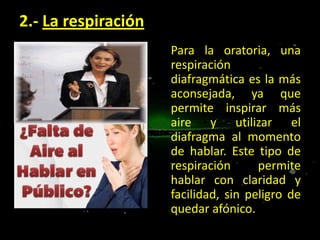 2.- La respiración
Para la oratoria, una
respiración
diafragmática es la más
aconsejada, ya que
permite inspirar más
aire y utilizar el
diafragma al momento
de hablar. Este tipo de
respiración
permite
hablar con claridad y
facilidad, sin peligro de
quedar afónico.

 