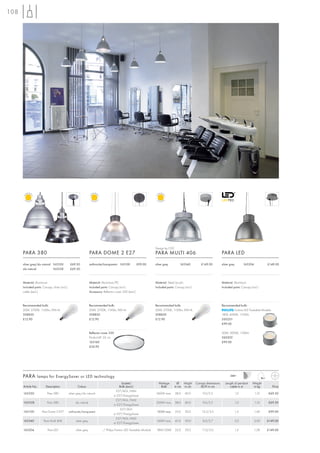 108




                                                                                                                       Design by CDC
      PARA 380                                                     PARA DOME 2 E27                                     PARA MULTI 406                                       PARA LED

      silver grey/alu natural 165350            £69.50             anthracite/transparent 165100            £99.00     silver grey         165340          £149.00          silver grey         165204          £149.00
      alu natural             165358            £69.50



      Material: Aluminium                                          Material: Aluminium/PC                              Material: Steel/acrylic                              Material: Aluminium
      Included parts: Canopy, chain (incl.),                       Included parts: Canopy (incl.)                      Included parts: Canopy (incl.)                       Included parts: Canopy (incl.)
      cable (excl.)                                                Accessory: Reflector cover 330 (excl.)



      Recommended bulb:                                            Recommended bulb:                                   Recommended bulb:                                    Recommended bulb:
      20W, 2700K, 1150lm, EEK=A                                    20W, 2700K, 1150lm, EEK=A                           20W, 2700K, 1150lm, EEK=A                                    Fortimo LED Twistable Module
      508830                                                       508830                                              508830                                               18W, 4000K, 1100lm
      £12.90                                                       £12.90                                              £12.90                                               560201
                                                                                                                                                                            £99.00

                                                                   Reflector cover 330                                                                                      20W, 3000K, 1100lm
                                                                   Product-Ø: 33 cm                                                                                         560202
                                                                   165160                                                                                                   £99.00
                                                                   £34.90




      PARA lamps for EnergySaver or LED technology                                                                                                                                 240~

                                                                                            Socket/                      Wattage        Ø Height        Canopy dimensions      Length of pendant     Weight
      Article No.        Description                  Colour                              Bulb (excl.)                    Bulb        in cm in cm          Ø/H in cm              cable in m          in kg        Price
                                                                                        E27/AGL, HMLI
      165350              Para 380             silver grey/alu natural                                                 260W max.       38,0    40,0         9,0/2,5                       1,0            1,10   £69.50
                                                                                      or E27/EnergySaver
                                                                                        E27/AGL, HMLI
      165358              Para 380                   alu natural                                                       260W max.       38,0    40,0         9,0/2,5                       1,0            1,10   £69.50
                                                                                      or E27/EnergySaver
                                                                                           E27/AGL
      165100          Para Dome 2 E27          anthracite/transparent                                                   150W max.      33,0    30,0         12,5/3,5                      1,5            1,40   £99.00
                                                                                      or E27/EnergySaver
                                                                                        E27/AGL, HMLI
      165340           Para Multi 406                silver grey                                                        160W max.      41,0    39,0         8,0/2,7                       3,0            3,00   £149.00
                                                                                      or E27/EnergySaver

      165204              Para LED                   silver grey             –/ Philips Fortimo LED Twistable Module   18W/20W         32,0    29,5         11,0/5,0                      1,5            1,28   £149.00
 