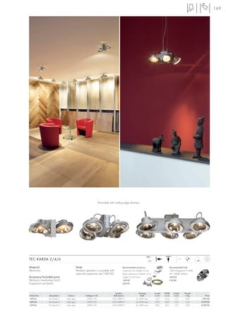 149




                                                                   Dimmable with trailing edge dimmers




                                                                                                                   240~
TEC KARDA 2/4/6                                                                                                       12~
                                                                                                                                                 +A



Material:                                      Note:                                     Recommended accessory:                          Recommended bulb:
Aluminium                                      Pendant operation is possible with        Suspension set, weight: 0,5 kg                  35W EnergySaver ≙ 50W
                                               optional suspension set (149150).         Rope suspension-L/cabel-L: 2,5 m                24°, 3000K, 4500cd
Accessory/Included parts:                                                                Cable 3x 0,75 mm2                               545522
Electronic transformer (incl.)                                                           149150                                          £14.80
Suspension set (excl.)                                                                   £49.90



                                                                                 Socket/                  Wattage           Length   Width   Height   Weight
Article No.        Description     Colour              Voltage in AC            Bulb (excl.)                Bulb             in cm   in cm   in cm     in kg        Price
149142             Tec Karda 2   silver grey            240V/12V               G53/QRB111               2x 50W max.           14,0   32,0     17,5     0,85       £99.00
149144             Tec Karda 4   silver grey            240V/12V               G53/QRB111               4x 50W max.          30,5    32,0     17,5     1,55      £199.00
149146             Tec Karda 6   silver grey            240V/12V               G53/QRB111               6x 50W max.          49,0    32,0     17,5     2,30      £249.90
 