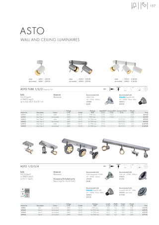 157




ASTO
WALL AND CEILING LUMINAIRES




              white       | 147411 | £49.90                          white       | 147412 | £99.00                                  white       | 147413 | £149.00
              alu brushed | 147421 | £49.90                          alu brushed | 147422 | £99.00                                  alu brushed | 147423 | £149.00


                                                                                                                                                            90°
ASTO TUBE 1/2/3                   Design by CDC                                                                        240~
                                                                                                                                                 350°


Bulb:                                             Material:                                 Recommended bulb:                              Recommended bulb:
GU10 (excl.)                                      Aluminium                                 PAR20 75W                                              PowerLED 4W
or PAR20 (excl.)                                                                            50°, 2700K, 1060cd                             25°, 3000K, 700cd, 180lm
up to max. Ø/L: 6,4/8,1 cm                                                                  575682                                         560013
                                                                                            £4.80                                          £39.90



                                                                 Voltage                         Wattage           Head-Ø/H Canopy-Ø/H Canopy-L/W/H       Weight
Article No.             Description             Colour            in AC          Socket            Bulb              in cm     in cm       in cm           in kg         Price
147411                  Asto Tube 1              white            240V           GU10           75W max.             7/12      7/2,5         –             0,34        £49.90
147421                  Asto Tube 1           alu brushed         240V           GU10           75W max.             7/12      7/2,5         –             0,34        £49.90
147412                  Asto Tube 2              white            240V           GU10          2x 75W max.           7/12        –       25/7/2,5          0,75        £99.00
147422                  Asto Tube 2           alu brushed         240V           GU10          2x 75W max.           7/12        –       25/7/2,5          0,75        £99.00
147413                  Asto Tube 3              white            240V           GU10          3x 75W max.           7/12        –       36/7/2,5           1,15      £149.00
147423                  Asto Tube 3           alu brushed         240V           GU10          3x 75W max.           7/12        –       36/7/2,5           1,15      £149.00




                                                                                                                                                            85°
ASTO 1/2/3/4                                                                                                           240~
                                                                                                                                                 310°


Bulb:                                             Material:                                 Recommended bulb:                              Recommended bulb:
GU10 (excl.)                                      Aluminium                                 35W EnergySaver ≙ 50W                          75W, 24°, 2700K, 2000cd
or PAR20 (excl.)                                                                            20°, 2800K, 1200cd                             575672
or ES111 (excl.)                                  Accessory/Included parts:                 575370                                         £12.90
                                                  Deco rings for GU10 (incl.)               £4.80



                                                                                            Recommended bulb:                              Recommended bulb:
                                                                                                    PowerLED 4W                            DomeLED 9W, 60°, 176lm
                                                                                            25°, 3000K, 700cd, 180lm                       550392 warm white
                                                                                            560013                                         £119.00
                                                                                            £39.90



                                                                 Voltage                               Wattage            Length   Width     Height      Weight
Article No.             Description             Colour            in AC          Socket                  Bulb              in cm   in cm     in cm        in kg         Price
147441                    Asto 1              alu brushed         240V           GU10                 75W max.              12,0    6,5       10,0        0,25        £19.90
147442                    Asto 2              alu brushed         240V           GU10                2x 75W max.           26,0     6,5       10,0        0,35        £39.90
147443                    Asto 3              alu brushed         240V           GU10                3x 75W max.           45,5     6,5       10,0        0,55        £59.50
147444                    Asto 4              alu brushed         240V           GU10                4x 75W max.           63,0     6,5       10,0        0,80        £79.90
 