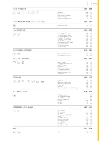 003

BASIC PRODUCTS                                                                              004 – 225

                                                  Ambience                                    004   –   041
                                                  Plaster luminaires                          042   –   045
                                                  Table and floor luminaires                  046   –   051
                                                  Pendant luminaires                          052   –   109
                                                  Wall and ceiling luminaires                 110   –   225

STAGE FACTORY LINE ® professional shop-lighting                                             226 – 227

                                                  Stage Factory Line®                         226 – 227


TRACK SYSTEMS                                                                               228 – 309

                                                  3 Circuit 240v track system                 228   –   259
                                                  1 Circuit 240v track system                 260   –   273
                                                  Easytec® II 240v track system               274   –   287
                                                  Linux Light® 12v track system               288   –   295
                                                  C–Track® 12v track system                   296   –   297
                                                  Glu–Trax® 12v track system                  298   –   299
                                                  Mini Alu-Track 12v track system             300   –   301
                                                  Apollo 12v track system                     302   –   303
                                                  Wave 12v track system                       304   –   305
                                                  12v Wire system                             306   –   309

SPECIAL PRODUCT SERIES                                                                      310 – 326

                                                  Display and rod luminaires                  311 – 323
                                                  Floor cupboard luminaires                   324 – 326

RECESSED LUMINAIRES                                                                         327 – 437

                                                  New Tria series                             330   –   333
                                                  Aixlight® Mod and Flat series               334   –   335
                                                  Aixlight® Pro system                        338   –   347
                                                  Horn series                                 348   –   351
                                                  Special recessed luminaires                 352   –   363
                                                  LED recessed luminaires                     364   –   381
                                                  Recessed luminaires 12v                     382   –   403
                                                  Recessed luminaires 240v                    404   –   431
                                                  Twister system                              432   –   435

OUTDOOR                                                                                     438 – 603

                                                  Light objects                               442   –   446
                                                  Lamp series and floor lights                448   –   503
                                                  Wall and ceiling luminaires                 504   –   537
                                                  Display lights                              538   –   541
                                                  Spotlights                                  542   –   569
                                                  Recessed and surface mounted luminaires     570   –   603

DECORATIVE LIGHT                                                                            604 – 628

                                                  LIM® Light in Motion                              605
                                                  LED Multifunction module                          606
                                                  Ledi Light® Fibre Set LED                         607
                                                  Mini LED module chain                             607
                                                  PenLight®                                   608 – 609
                                                  Light bars                                  610 – 611
                                                  LED strips                                  612 – 628

ACCESSORIES AND BULBS                                                                       629 – 661

                                                  LED converters                                    630
                                                  LED controllers                             631 – 634
                                                  LED drivers                                 635 – 636
                                                  LED power units 12V=/24V=                   637 – 638
                                                  Ballasts                                          639
                                                  Toroidal transformers                       640 – 641
                                                  Electronic transformers                     642 – 643
                                                  General accessories                         643 – 645
                                                  General bulbs                               648 – 652
                                                  LED bulbs                                   654– 657
                                                  Energy-saving bulbs                         658 – 661

INDEX                                                                                       662 – 674

                                                  Index                                       662 – 674
 