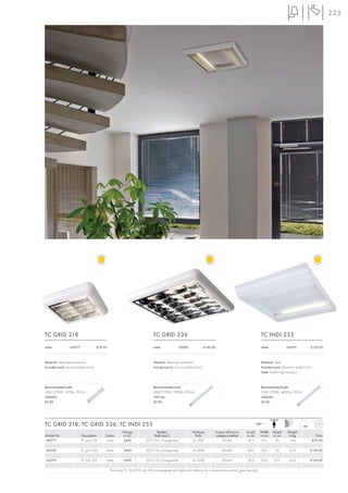 225




TC GRID 218                                                                         TC GRID 336                                                                         TC INDI 255

white               160771                 £79.90                                   white               160781                 £149.00                                  white               160791               £129.00



Material: Steel/grid aluminium                                                      Material: Steel/grid aluminium                                                      Material: Steel
Included parts: Low-loss ballast (incl.)                                            Included parts: Low-loss ballast (incl.)                                            Included parts: Electronic ballast (incl.)
                                                                                                                                                                        Note: Indirect light emission



Recommended bulb:                                                                   Recommended bulb:                                                                   Recommended bulb:
18W, 2700K, 1200lm, EEK=A                                                           36W, 2700K, 2900lm, EEK=A                                                           55W, 2700K, 4800lm, EEK=A
508460                                                                              590144                                                                              508450
£9.90                                                                               £9.90                                                                               £9.90




TC GRID 218, TC GRID 336, TC INDI 255                                                                                                                                 240~

                                                             Voltage                 Socket/                       Wattage               Energy efficiency   Length     Width    Height       Weight
Article No.                  Description        Colour        in AC                Bulb (excl.)                     Bulb                 category ballast     in cm     in cm    in cm         in kg               Price
160771                       TC grid 218         white        240V             2G11/TC-L EnergySaver               2x 18W                    EEI=B2           30,5      30,5       7,0         1,60              £79.90

160781                       TC grid 336        white         240V             2G11/TC-L EnergySaver                3x 36W                   EEI=B2          50,0        50,0      7,0         4,10             £149.00

160791                       TC Indi 255        white         240V             2G11/TC-L EnergySaver                2x 55W                   EEI=A2          58,5        55,0      6,5         4,65             £129.00

                                                    The lamps TC Grid 218 and 336 are equipped with high-polish reflector for a downwards emitted, glare-free light.
 