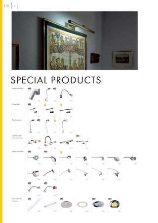 310




      SPECIAL PRODUCTS
      Special luminaires




                           312   314   314

      Picture lights




                           311   311   311

      Plug luminaires




                           315   315   315

      Cupboard and
      mirror luminaires




                           316   316   317   317

      Display luminaires




                           319   319   319   322   322   318   318




                           318   323   323   321   321   321




                           313   313

      Floor cupboard
      luminaires




                           324   325   326   326   326   326
 
