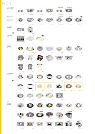 328
      New Tria, square
      MR16 / QRB111 /
      GU10 / ES111 /
      GX10 / G12


                         330, 394   331, 401   331, 406   331, 413   332, 428   332, 428

      New Tria, round
      MR16 / QRB111 /
      GU10 / ES111 /
      GX10 / G12 /
      LED

                         330, 387   331, 398   331, 405   331, 410   332, 428   332, 428   332, 377

      LED reading
      luminaires




                             352        353

      Luminaires for
      grid ceilings




                             424        424        425

      Recessed
      luminaires
      decorative




                             396        398        397        398        398        397        396




                             396        396        409        393        397        390




                             402        397        415

      LED luminaires
      compact




                             364        363        366        366        372        372        363




                             367        367        364        370        364        368    368, 374




                             372        372        373        373        365

      Further recessed
      luminaires,
      adjustable




                             387        387        387        388        389        404        405




                             389        389        426    434, 435   434, 435       426




                         394, 408       390        409    393, 408       393        430    434, 435
 