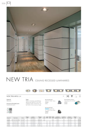 330




      NEW TRIA                                                             CEILING RECESSED LUMINAIRES




      NEW TRIA MR16 12V                                                                                                                  12~



      Material:                                       Note:                                     Recommended bulb:                              Recommended connection:
      Aluminium                                       When connecting several lamps,            50W, 40°, 2700K, 1500cd                        Osram Mouse 105, 35-105VA
                                                      please pay attention to the total         536540                                         461105
      Accessory/Included parts:                       wattage. Further transformers can         £1.90                                          £34.90
      Transformer (excl.)                             be found in the accessory range.

                                                                                                Recommended bulb:
                                                                                                        PowerLED 4W
                                                                                                36°, 3000K, 500cd, RA80+
                                                                                                560044
                                                                                                £39.90



                                                      Voltage    Socket/         Wattage     Ø Length Width Height    Installation  Installation       Rotation/    Weight
      Article No.     Description         Colour       in AC    Bulb (excl.)       Bulb    in cm in cm in cm in cm dimensions in cm depth in cm      Swivel range    in kg     Price
      111274      New Tria round MR16   alu brushed     12V     G5,3/MR16       50W max.    9,0    –     –    17,0       Ø 8,0          17,0          350°/45°        0,11   £24.90
      113500      New Tria round MR16    matt white     12V     G5,3/MR16       50W max.    9,0    –     –    17,0       Ø 8,0          17,0          350°/45°        0,11   £24.90
      111351       New Tria 1 MR16      alu brushed     12V     G5,3/MR16       50W max.     –    9,0   9,0   13,0       Ø 8,0          13,0          360°/30°       0,15    £24.90
      113501       New Tria 1 MR16       matt white     12V     G5,3/MR16       50W max.     –    9,0   9,0   13,0       Ø 8,0          13,0          360°/30°       0,15    £24.90
      111352       New Tria 2 MR16      alu brushed     12V     G5,3/MR16      2x 50W max.   –    17,0  9,0   13,0     16,0/8,2         13,0          360°/30°       0,30    £49.90
      111353       New Tria 3 MR16      alu brushed     12V     G5,3/MR16      3x 50W max.   –   25,5   9,0   13,0     24,5/8,2         13,0          360°/30°       0,43    £69.50
 