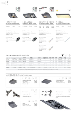 056




      1 QRB MODULE                                                2 QRB MODULE                                             35W/70W HQI MODULE                                    PL MODULE
      for Aixlight ® Pendant System                               for Aixlight ® Pendant System                            for Aixlight ® Pendant System                         for Aixlight ® Pendant System

      100W max.             154774             £79.90             2x 100W max.          154784            £129.00          35W         38°          154824          £179.00      2x 36W             154804                £179.00
                                                                                                                           70W         38°          154794          £179.00



      Material: Aluminium                                         Material: Aluminium                                      Material: Aluminium                                   Material: Aluminium
      Dimensions: Supply line-L: 1,8 m                            Dimensions: Supply line-L: 1,8 m                         Dimensions: Supply line-L: 1,8 m                      Dimensions: Supply line-L: 1,8 m
      Included parts: Electronic transformer (incl.)              Included parts: Electronic transformer (incl.)           Included parts: Electronic ballast (incl.)            Included parts: Electronic ballast (incl.)
      Accessory: see below                                        Accessory: see below                                     Accessory: see below                                  Accessory: see below



      Recommended bulb:                                          Recommended bulb:                                         Recommended bulb:                                     Recommended bulb:
      50W EnergySaver ≙ 75W                                      50W EnergySaver ≙ 75W                                     35W, 3300lm                                           36W, 2900lm
      545752 24°, 3000K, 5800cd                                  545752 24°, 3000K, 5800cd                                 507120 3000K, Ra81                                    590144 2700K, EEK=A
      £14.80                                                     £14.80                                                    507121 4200K, Ra90                                    £9.90
                                                                                                                           £39.90



                                                                                                                           Recommended bulb:
                                                                                                                           70W, 6600lm
                                                                                                                           507130 3000K, Ra84
                                                                                                                           507131 4200K, Ra92
                                                                                                                           £39.90




      LAMP-MODULE for Aixlight ® Pendant System                                                                                                                                                          +A
                                                                   Voltage                Socket/                      Wattage         Energy efficiency      Length Width Height         Rotation/           Weight
      Article No.           Description             Colour          in AC                Bulb (excl.)                    Bulb          category ballast        in cm in cm in cm         swivel range          in kg        Price
      154774              1er QRB Module          silver grey     240V/12V              G53/QRB111                    100W max.               –                32,0   19,0  8,0         cardanic/60°           1,50       £79.90

      154784              2er QRB Module          silver grey     240V/12V              G53/QRB111                 2x 100W max.                 –              47,5     19,0   8,0      cardanic/60°           1,85      £129.00

      154824             35W HQI Module           silver grey          240V              G12/CDM-T                      35W                  EEI=A2            32,0     19,0   16,0     cardanic/60°           1,97      £179.00
      154794             70W HQI Module           silver grey          240V              G12/CDM-T                      70W                  EEI=A2            32,0     19,0   16,0     cardanic/60°           1,97      £179.00

      154804                 PL Module            silver grey          240V        2G11/TC-L EnergySaver               2x 36W                EEI=A2            50,0     18,0   7,5             –               2,60      £179.00

                                                 For application in the base frame of the Aixlight® Pendant System. For operating, at least one base frame and the canopy is needed.




      BASIC COMPONENTS Aixlight ® Pendant System

                                                                240~                                                                                                                      240~         2,0
                                                                                       0,67

                                                                  Canopy with feed-in cable               Art. No.:                                                              Connection/feed-in box                   Art. No.:
                                                                  Steel, silver grey                      154734                                                                 Aluminium, silver grey                   154724
                                                                  L/W/H: 11/10/4 cm                        £34.90                                                                L/W/H: 22,5/22,5/3,5 cm                   £99.00
                                                                  Supply line-L: 2,5 m
                                                                  max. current: 16A.




                                                                                                  0,03                                                                                                                        0,02

                                                                 Frame connector                          Art. No.:                                                              Connecting screw-set                     Art. No.:
                                                                 Aluminium, silver grey, 2 pce.           154754                                                                 Steel, chrome, 2 pce.                    154744
                                                                 W/H/D: 7/2,5/2 cm                         £24.90                                                                Total-Ø/L: 1,5/2 cm                        £1.90

                                                                 2 knurled-head screws (incl.)                                                                                   One screw set is needed for every scheduled
                                                                                                                                                                                 frame.



                                                                                       0,48

                                                                 Spotbox                                  Art. No.:
                                                                 Aluminium, silver grey,                  154764
                                                                 L/W/H: 18,5/10/3,5 cm                     £29.90
 