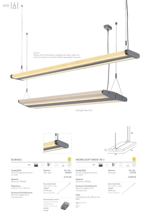 070




                                   Duranz
                                   Please note that the fitting is supplied with open cable end
                                   and the canopy Tron must be ordered separately if required.




                                                                                        Worklight Wave PD-1




                                                                                                                                                            150




                                                                                                                                6                            90

                                                                                                                                               38


      DURANZ                                                                            WORKLIGHT WAVE PD-1
                                   Ballast                                                                            Ballast
                          240~               1,5 m                                                           240~                   1,5 m
                                   EEI=A2                       2,2                                                   EEI=A2                         4,0



      Socket/Bulb:                             Versions:                  Art. No.:     Socket/Bulb:                                  Versions:            Art. No.:
      G5/T5 EnergySaver (excl.)                silver grey                160874        G5/T5 EnergySaver (excl.)                     silver grey          157574
      2x 35W                                                                            2x 39W
                                                                          £179.00                                                                          £398.00
      Material:                                                                         Material:
      Aluminium/PMMA                                                                    Aluminium/PMMA
                                               Recommended bulb:                                                                      Recommended bulb:
      Dimensions:                              35W, 3000K, 3320lm                       Accessory/Included parts:                     39W, 3000K, 3220lm
      L/W/H: 151/18/4 cm                       548035                                   Electronic ballast (incl.)                    548039
                                               £12.90 /pce.                             Canopy (incl.)                                £9.90 /pce.
      Accessory/Included parts:                (PU see page 661)                                                                      (PU see page 661)
      Electronic ballast (incl.)                                                        Note:
      Canopy (excl.)                                                                    Calculated acrylic diffuser from
                                               Recommended accessory:                   BWF.
                                               Canopy Tron, silver grey
                                                                                        Series: Page 199
                                               Strain relief (incl.)
                                               L/W/H: 10/5,5/3 cm
                                               925190
                                               £14.80
 