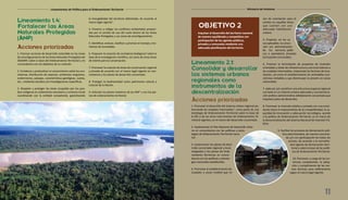 Lineamiento 1.4:
Fortalecer las Áreas
Naturales Protegidas
(ANP)
1. Priorizar acciones de desarrollo sostenible en las zonas
de amortiguamiento de las Áreas Naturales Protegidas del
SINANPE sobre la base del Ordenamiento Territorial y en
concordancia con los objetivos de su creación.
2. Fortalecer y profundizar el conocimiento sobre los eco-
sistemas, distribución de especies, ambientes singulares,
endemismos, paisajes, características geológicas, suelos,
etc.; mediante estudios y/o investigaciones específicas.
3. Respetar y proteger las áreas ocupadas por los pue-
blos indígenas en aislamiento voluntario y contacto inicial
coordinando con la entidad competente, garantizando
la intangibilidad del territorio delimitado, de acuerdo al
marco legal vigente5
.
4. Prevenir y mitigar los conflictos ambientales produci-
dos por el cambio de uso del suelo dentro de las Áreas
Naturales Protegidas y sus zonas de amortiguamiento.
5. Identificar, evaluar, clasificar y priorizar el manejo y mo-
nitoreo de humedales.
6. Proponer la creación de corredores biológicos6
sobre la
base de la investigación científica, así como de otras áreas
de interés para la conservación.
7. Promover la creación de áreas de conservación regional
y privada de acuerdo con el marco legal vigente en con-
cordancia a los planes de desarrollo concertado.
8. Proteger la biodiversidad como patrimonio natural y
cultural de la Nación.
9. Articular los planes maestros de las ANP’ s con los pla-
nes de ordenamiento territorial.
Lineamientos de Política para el Ordenamiento Territorial
Lineamiento 2.1:
Consolidar y desarrollar
los sistemas urbanos
regionales como
instrumentos de la
descentralización
OBJETIVO 2
Impulsar el desarrollo del territorio nacional
de manera equilibrada y competitiva con
participación de los agentes públicos,
privados y comunales mediante una
adecuada planificación del territorio.
1. Promover el desarrollo del sistema urbano regional po-
tenciando las ciudades intermedias7
, como parte de una
estrategia de Ordenamiento Territorial sobre la base de
la ZEE y de los otros instrumentos de Ordenamiento Te-
rritorial vigentes, en el marco del desarrollo concertado.
2. Implementar el Plan Nacional de Desarrollo Urba-
no en concordancia con las políticas y estra-
tegias de Ordenamiento Territorial nacio-
nal.
3. Implementar los planes de desa-
rrollo concertado regional y local,
integrados a los planes de Orde-
namiento Territorial, en concor-
dancia con las políticas y estrate-
gias nacionales establecidas.
4. Promover el establecimiento de
ciudades o zonas modelo que sir-
van de orientación para el
cambio en aquellas áreas
que cuenten con una
adecuada habilitación
urbana.
5. Propiciar -en los ca-
sos aplicables- la conce-
sión y/o administración
de los servicios públi-
cos a operadores privados
(incluyendo comunales).
6. Priorizar la formulación de proyectos de inversión
orientados a dotar de infraestructura y servicios básicos a
las ciudades intermedias, mejorando los factores de loca-
lización, así como el establecimiento de actividades eco-
nómicas rentables y que disminuyan la presión en zonas
vulnerables.
7. Adecuar y/o constituir una estructura espacial regional
con base en un sistema urbano adecuado y una demarca-
ción político-administrativa debidamente concertada que
impulsen polos de desarrollo.
8. Promover la inversión pública y privada con una orien-
tación hacia el mejoramiento de la competitividad, la ca-
pacidad de innovación y adecuación tecnológica, acorde
a la política de Ordenamiento Territorial, en el marco de
la descentralización del Sistema Nacional de Inversión Pú-
blica.
9. Facilitar los procesos de demarcación polí-
tica-administrativa, de manera concerta-
da y/o con participación de todos los
actores, de acuerdo a la normativi-
dad vigente de demarcación terri-
torial y sobre la base de las políti-
cas de Ordenamiento Territorial.
10. Promover, a cargo de las ins-
tancias competentes, la adop-
ción y cumplimiento de las nor-
mas técnicas para edificaciones
según el marco legal vigente.
11
Ministerio del Ambiente
Acciones priorizadas
Acciones priorizadas
 