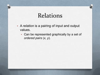 Can be represented graphically by a set of ordered pairs (x, y).FunctionsA relation is a function when each input value has one and only one output value. Example 1DomainRangeVertical Line Test