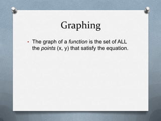 GraphingOne way to graph a linear function is to create a table of values.Solve the equation for y.Choose a few x-values to plug in and find the corresponding y-values.Plot these points.