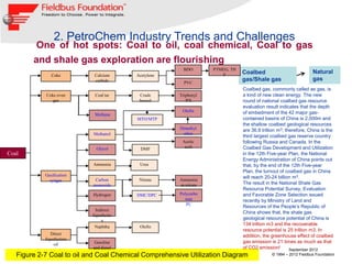 2. PetroChem Industry Trends and Challenges
        One of hot spots: Coal to oil, coal chemical, Coal to gas
        and shale gas exploration are flourishing
                                                         BDO       PTMEG, TH
                                                                      F        Coalbed                            Natural
               Coke         Calcium      Acetylene
                            carbide                                            gas/Shale gas                      gas
                                                         PVC
                                                                               Coalbed gas, commonly called as gas, is
            Coke oven       Coal tar      Crude        Triphenyl               a kind of new clean energy. The new
               gas                        benzol          /PX                  round of national coalbed gas resource
                                                                               evaluation result indicates that the depth
                                                        Olefin                 of embedment of the 42 major gas-
                            Methane
                                         MTO/MTP                               contained basins of China is 2,000m and
                                                                               the shallow coalbed geological resources
                                                       Dimethyl                are 36.8 trillion m3; therefore, China is the
                           Methanol                      ether
                                                                               third largest coalbed gas reserve country
                                                        Acetic                 following Russia and Canada. In the
                             Glycol        DMF           acid                  Coalbed Gas Development and Utilization
Coal                                                                           in the 12th Five-year Plan, the National
                                                                               Energy Administration of China points out
                           Ammonia        Urea                                 that, by the end of the 12th Five-year
                                                                               Plan, the turnout of coalbed gas in China
            Gasification                                                       will reach 20-24 billion m3.
              syngas        Carbon        Nitrate      Ammoniu
                           monoxide                    m nitrate               The result in the National Shale Gas
                                                                               Resource Potential Survey, Evaluation
                           Hydrogen      DMC/DPC       Polycarbo               and Favorable Zone Selection issued
                                                         nate                  recently by Ministry of Land and
                                                          PC
                                                                               Resources of the People‟s Republic of
                             Indirect
                                                                               China shows that, the shale gas
                           liquefactio
                                n                                              geological resource potential of China is
                                                                               134 trillion m3 and the recoverable
                             Naphtha      Olefin
                                                                               resource potential is 25 trillion m3. In
               Direct                                                          addition, the greenhouse effect of coalbed
            liquefaction
                            Gasoline                                           gas emission is 21 times as much as that
                 oil
                           and diesel                                          of CO2 emission!        September 2012
     13
   Figure 2-7 Coal to oil and Coal Chemical Comprehensive Utilization Diagram                © 1994 – 2012 Fieldbus Foundation
 