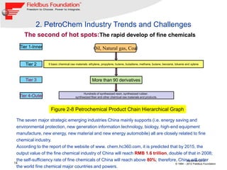 2. PetroChem Industry Trends and Challenges
      The second of hot spots:The rapid develop of fine chemicals
   Tier 1-Inner                                       Oil, Natural gas, Coal


      Tier 2        9 basic chemical raw materials: ethylene, propylene, butene, butadiene, methane, butane, benzene, toluene and xylene




      Tier 3                                         More than 90 derivatives

                                              Hundreds of synthesized resin, synthesized rubber,
   Tier 4-Outer                         synthesized fiber and other chemical raw materials and products.



                     Figure 2-8 Petrochemical Product Chain Hierarchical Graph

 The seven major strategic emerging industries China mainly supports (i.e. energy saving and
 environmental protection, new generation information technology, biology, high-end equipment
 manufacture, new energy, new material and new energy automobile) all are closely related to fine
 chemical industry.
 According to the report of the website of www. chem.hc360.com, it is predicted that by 2015, the
 output value of the fine chemical industry of China will reach RMB 1.6 trillion, double of that in 2008;
 the self-sufficiency rate of fine chemicals of China will reach above 80%; therefore, China will enter
                                                                                              September 2012
14                                                                                   © 1994 – 2012 Fieldbus Foundation
 the world fine chemical major countries and powers.
 