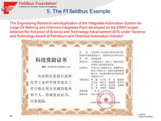 5. The Ff fieldbus Example

The Engineering Research and Application of the Integrated Automation System for
Large Oil Refining and Chemical Integrated Plant developed on the EREP project
obtained the first prize of Science and Technology Advancement 2010 under “Science
and Technology Award of Petroleum and Chemical Automation Industry”.




                                                                              September 2012
29                                                                   © 1994 – 2012 Fieldbus Foundation
 