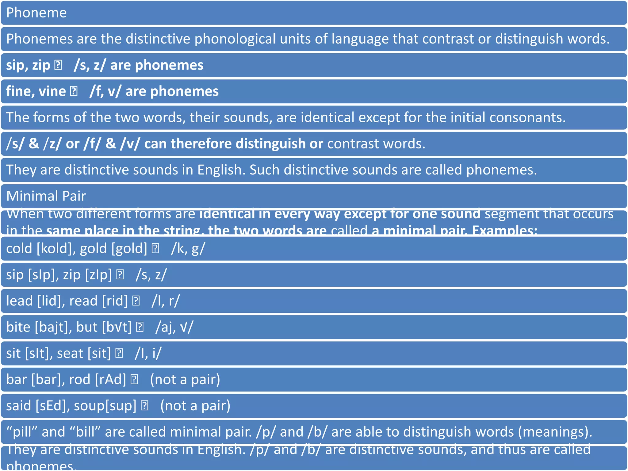 Phoneme
Phonemes are the distinctive phonological units of language that contrast or distinguish words.
sip, zip 􀃆 /s, z/ are phonemes
fine, vine 􀃆 /f, v/ are phonemes
The forms of the two words, their sounds, are identical except for the initial consonants.
/s/ & /z/ or /f/ & /v/ can therefore distinguish or contrast words.
They are distinctive sounds in English. Such distinctive sounds are called phonemes.
Minimal Pair
When two different forms are identical in every way except for one sound segment that occurs
in the same place in the string, the two words are called a minimal pair. Examples:
cold [kold], gold [gold] 􀃆 /k, g/

sip [sIp], zip [zIp] 􀃆 /s, z/
lead [lid], read [rid] 􀃆 /l, r/
bite [bajt], but [b√t] 􀃆 /aj, √/
sit [sIt], seat [sit] 􀃆 /I, i/
bar [bar], rod [rAd] 􀃆 (not a pair)

said [sEd], soup[sup] 􀃆 (not a pair)
“pill” and “bill” are called minimal pair. /p/ and /b/ are able to distinguish words (meanings).
They are distinctive sounds in English. /p/ and /b/ are distinctive sounds, and thus are called

 