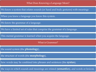 What Does Knowing a Language Mean?
We know a system that relates sounds (or hand and body gestures) with meanings
When you know a language you know this system.
We know the grammar of a language.
We have a limited set of rules that comprise the grammar of a language.
This mental grammar is learned when you acquire the language.
What is Grammar?
the sound system (the phonology),
the structure of words (the morphology),
how words may be combined into phrases and sentences (the syntax),
the ways in which sounds and meanings are related (semantics), and words or lexicon.

 