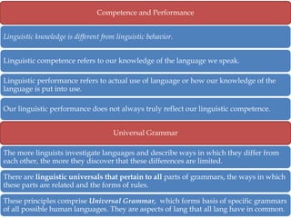Competence and Performance
Linguistic knowledge is different from linguistic behavior.
Linguistic competence refers to our knowledge of the language we speak.
Linguistic performance refers to actual use of language or how our knowledge of the
language is put into use.
Our linguistic performance does not always truly reflect our linguistic competence.
Universal Grammar

The more linguists investigate languages and describe ways in which they differ from
each other, the more they discover that these differences are limited.
There are linguistic universals that pertain to all parts of grammars, the ways in which
these parts are related and the forms of rules.
These principles comprise Universal Grammar, which forms basis of specific grammars
of all possible human languages. They are aspects of lang that all lang have in common.

 