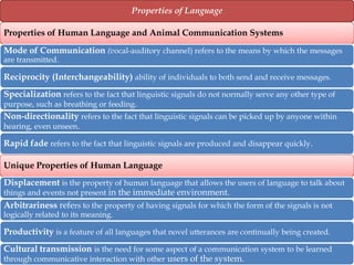 Properties of Language
Properties of Human Language and Animal Communication Systems
Mode of Communication (vocal-auditory channel) refers to the means by which the messages
are transmitted.

Reciprocity (Interchangeability) ability of individuals to both send and receive messages.
Specialization refers to the fact that linguistic signals do not normally serve any other type of
purpose, such as breathing or feeding.
Non-directionality refers to the fact that linguistic signals can be picked up by anyone within
hearing, even unseen.
Rapid fade refers to the fact that linguistic signals are produced and disappear quickly.

Unique Properties of Human Language
Displacement is the property of human language that allows the users of language to talk about
things and events not present in the immediate environment.
Arbitrariness refers to the property of having signals for which the form of the signals is not
logically related to its meaning.

Productivity is a feature of all languages that novel utterances are continually being created.
Cultural transmission is the need for some aspect of a communication system to be learned
through communicative interaction with other users of the system.

 