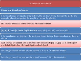 Manners of Articulation
Voiced and Voiceless Sounds
If the vocal cords are apart during airflow, the air flows freely through the glottis and
supraglottal cavities (part of the vocal tract above the glottis).

The sounds produced in this way are voiceless sounds:
[p], [t], [k], and [s] in the English words. seep [sip], seat [sit], and seek [sik].
If the vocal cords are together, the airstream forces its way through and causes them to
vibrate.

Such sounds are voiced and is illustrated by the sounds [b], [d], [g], [z] in the English
words bate [bet], date [det], gate [get], and cob [kab].
Put a finger in each ear and say the voiced ―z-z-z-z-z‖. Vibrations are felt.

Put a finger in each ear and say the voiced ―s-s-s-s-s‖. No vibration is felt.

 