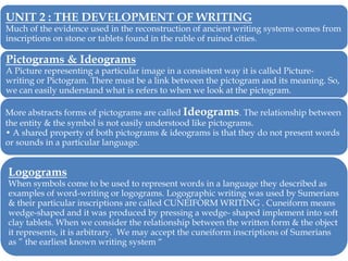 UNIT 2 : THE DEVELOPMENT OF WRITING

Much of the evidence used in the reconstruction of ancient writing systems comes from
inscriptions on stone or tablets found in the ruble of ruined cities.

Pictograms & Ideograms

A Picture representing a particular image in a consistent way it is called Picturewriting or Pictogram. There must be a link between the pictogram and its meaning. So,
we can easily understand what is refers to when we look at the pictogram.
More abstracts forms of pictograms are called Ideograms. The relationship between
the entity & the symbol is not easily understood like pictograms.
• A shared property of both pictograms & ideograms is that they do not present words
or sounds in a particular language.

Logograms

When symbols come to be used to represent words in a language they described as
examples of word-writing or logograms. Logographic writing was used by Sumerians
& their particular inscriptions are called CUNEIFORM WRITING . Cuneiform means
wedge-shaped and it was produced by pressing a wedge- shaped implement into soft
clay tablets. When we consider the relationship between the written form & the object
it represents, it is arbitrary. We may accept the cuneiform inscriptions of Sumerians
as ‖ the earliest known writing system ―

 