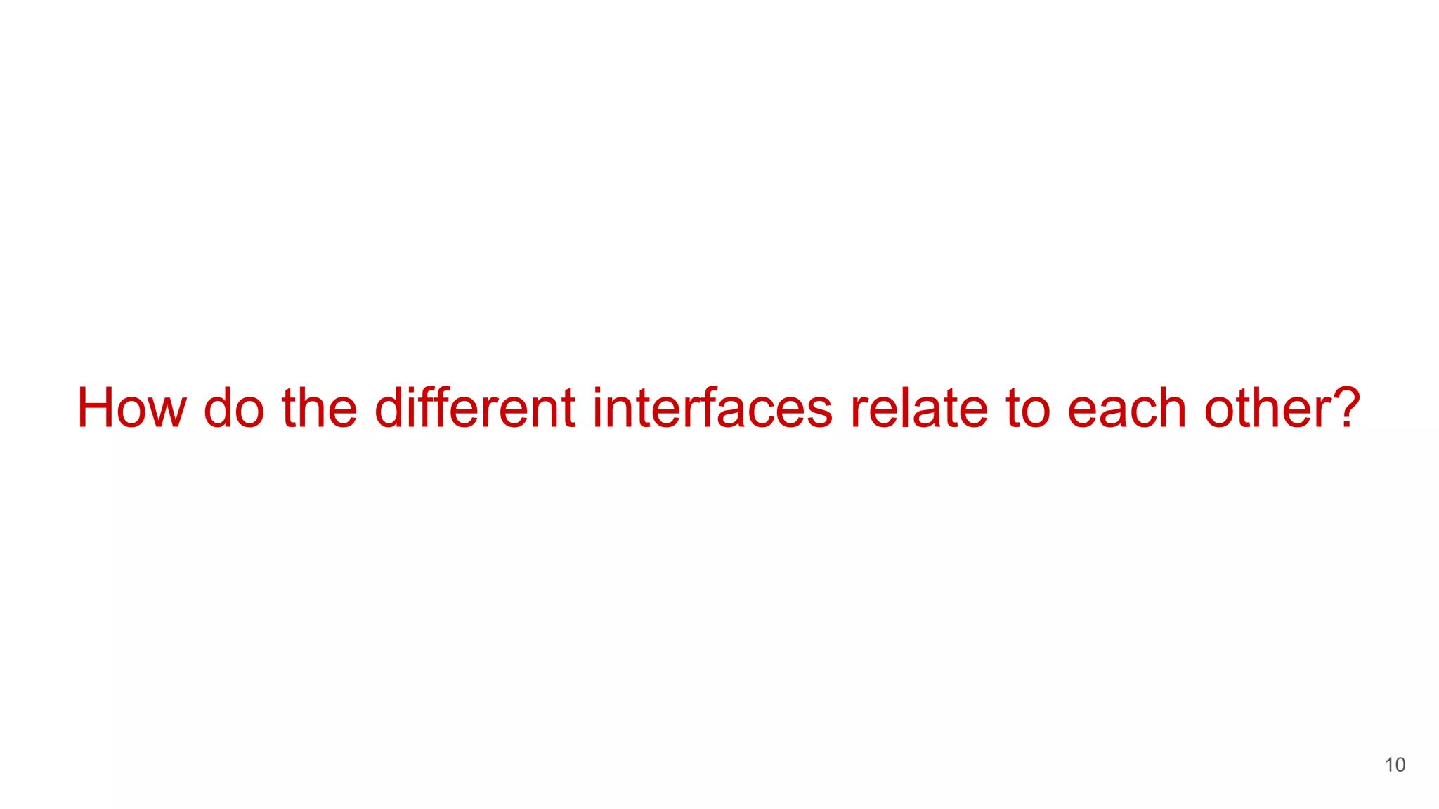 How do the different interfaces relate to each other?
10
 