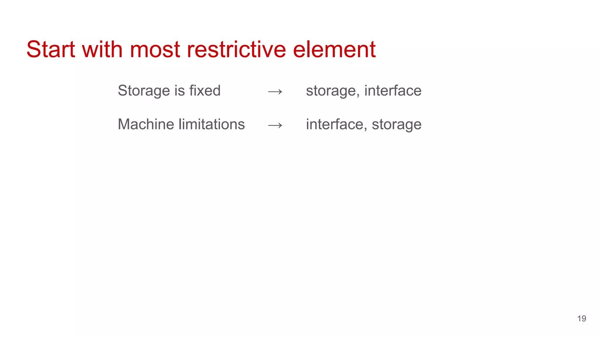 Start with most restrictive element
Storage is fixed → storage, interface
Machine limitations → interface, storage
19
 