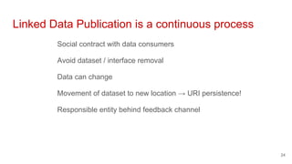 Linked Data Publication is a continuous process
Social contract with data consumers
Avoid dataset / interface removal
Data can change
Movement of dataset to new location → URI persistence!
Responsible entity behind feedback channel
24
 