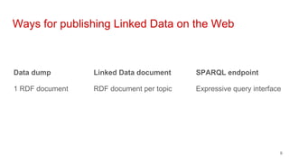 Ways for publishing Linked Data on the Web
Data dump
1 RDF document
Linked Data document
RDF document per topic
SPARQL endpoint
Expressive query interface
6
 