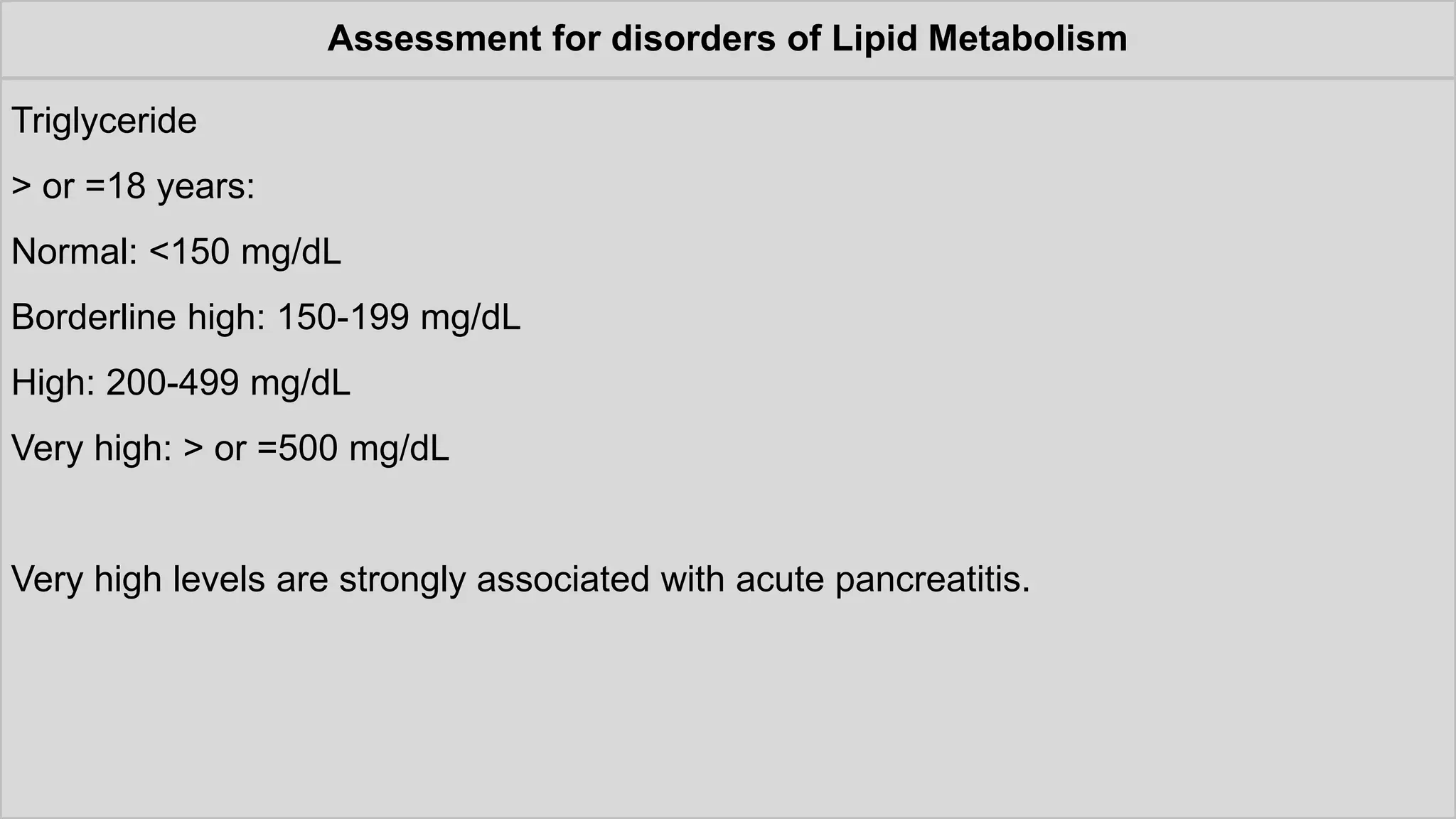 Assessment for disorders of Lipid Metabolism
Triglyceride
> or =18 years:
Normal: <150 mg/dL
Borderline high: 150-199 mg/dL
High: 200-499 mg/dL
Very high: > or =500 mg/dL
Very high levels are strongly associated with acute pancreatitis.
 