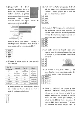 30. (Cesgranrio-RJ) O Brasil
começou o ano com um forte
ritmo de contratações com
carteira assinada. O gráfico
abaixo apresenta o número de
empregos com carteira
assinada criados em alguns setores da
economia, em janeiro de 2010.
Quantas vagas com carteira assinada a
construção civil ofereceu a mais do que o
setor agropecuário, em janeiro de 2010?
a) 49953
b) 50187
c) 51213
d) 53746
31. (Vunesp) A tabela mostra o clima durante
uma semana.
É correto afirmar que nessa semana o total
de períodos de chuva e de sol superam o
total de períodos nublados em:
a) 1
b) 2
c) 3
d) 4
32. (OJM-SP) Dom Pedro II, imperador do Brasil,
que morreu em 1891, com 66 anos de idade,
começou a reinar quando fez 15 anos. Em
que ano ele começou a reinar?
a) 1810
b) 1840
c) 1825
d) 1876
33. (Cesgranrio-RJ) Uma pesquisa realizada com
500 empresas mostrou que somente 120
utilizam papel reciclado. A diferença entre o
número de empresas pesquisadas que não
usam e que usam papel reciclado é:
a) 260
b) 300
c) 340
d) 380
34. Um dado comum foi lançado sobre uma
mesa. A soma de todas as faces visíveis vale
17. O valor da face que está em contato com
a mesa é:
a) 2
b) 3
c) 4
d) 5
35. Um pai tem 35 anos, e seus filhos, 6, 7 e 9
anos. Daqui a 8 anos, a soma das idades dos
três filhos menos a idade do pai será de:
a) 2 anos.
b) 3 anos.
c) 11 anos.
d) 13 anos.
36. (OBM) A calculadora de Juliana é bem
diferente. Ela tem uma tecla D, que duplica o
número escrito no visor, e a tecla T, que
apaga o algarismo das unidades do número
escrito no visor. Assim, por exemplo, se
estiver escrito 123 no visor e apertamos D,
teremos 246; depois, apertando T, teremos
24. Suponha que esteja escrito 1999. Se
 