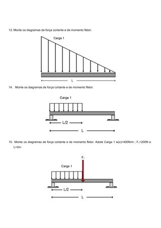 13. Monte os diagramas de força cortante e de momento fletor.
14. Monte os diagramas de força cortante e de momento fletor.
15. Monte os diagramas de força cortante e de momento fletor. Adote Carga 1 w(x)=400N/m ; F1=200N e
L=5m
 
