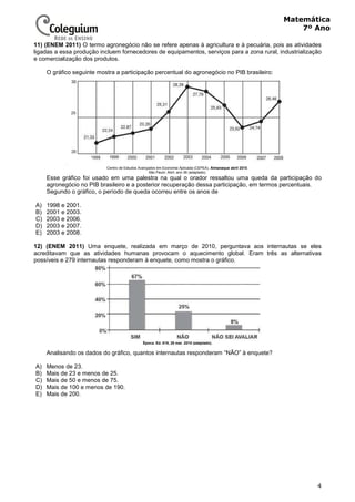 4
Matemática
7º Ano
11) (ENEM 2011) O termo agronegócio não se refere apenas à agricultura e à pecuária, pois as atividades
ligadas a essa produção incluem fornecedores de equipamentos, serviços para a zona rural, industrialização
e comercialização dos produtos.
O gráfico seguinte mostra a participação percentual do agronegócio no PIB brasileiro:
.
Centro de Estudos Avançados em Economia Aplicada (CEPEA). Almanaque abril 2010.
São Paulo: Abril, ano 36 (adaptado).
Esse gráfico foi usado em uma palestra na qual o orador ressaltou uma queda da participação do
agronegócio no PIB brasileiro e a posterior recuperação dessa participação, em termos percentuais.
Segundo o gráfico, o período de queda ocorreu entre os anos de
A) 1998 e 2001.
B) 2001 e 2003.
C) 2003 e 2006.
D) 2003 e 2007.
E) 2003 e 2008.
12) (ENEM 2011) Uma enquete, realizada em março de 2010, perguntava aos internautas se eles
acreditavam que as atividades humanas provocam o aquecimento global. Eram três as alternativas
possíveis e 279 internautas responderam à enquete, como mostra o gráfico.
Época. Ed. 619, 29 mar. 2010 (adaptado).
Analisando os dados do gráfico, quantos internautas responderam “NÃO” à enquete?
A) Menos de 23.
B) Mais de 23 e menos de 25.
C) Mais de 50 e menos de 75.
D) Mais de 100 e menos de 190.
E) Mais de 200.
 