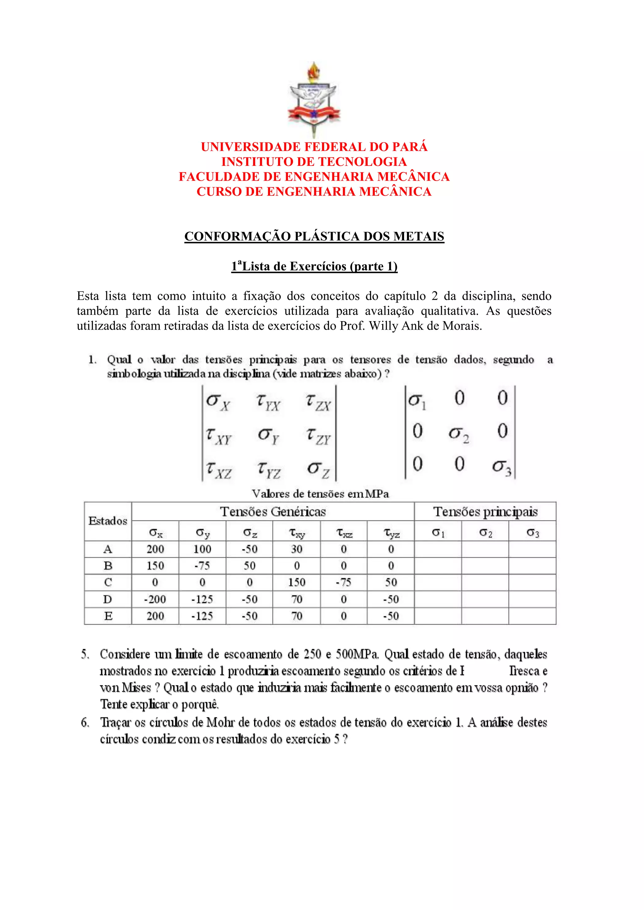 UNIVERSIDADE FEDERAL DO PARÁ
INSTITUTO DE TECNOLOGIA
FACULDADE DE ENGENHARIA MECÂNICA
CURSO DE ENGENHARIA MECÂNICA
CONFORMAÇÃO PLÁSTICA DOS METAIS
1a
Lista de Exercícios (parte 1)
Esta lista tem como intuito a fixação dos conceitos do capítulo 2 da disciplina, sendo
também parte da lista de exercícios utilizada para avaliação qualitativa. As questões
utilizadas foram retiradas da lista de exercícios do Prof. Willy Ank de Morais.