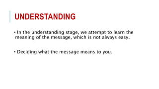 UNDERSTANDING
• In the understanding stage, we attempt to learn the
meaning of the message, which is not always easy.
• Deciding what the message means to you.
 