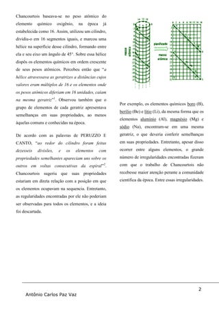 2
Antônio Carlos Paz Vaz
Chancourtois baseava-se no peso atômico do
elemento químico oxigênio, na época já
estabelecida como 16. Assim, utilizou um cilindro,
dividiu-o em 16 segmentos iguais, e marcou uma
hélice na superfície desse cilindro, formando entre
ela e seu eixo um ângulo de 45°. Sobre essa hélice
dispôs os elementos químicos em ordem crescente
de seus pesos atômicos. Percebeu então que “a
hélice atravessava as geratrizes a distâncias cujos
valores eram múltiplos de 16 e os elementos onde
os pesos atômicos diferiam em 16 unidades, caíam
na mesma geratriz”1
. Observou também que o
grupo de elementos de cada geratriz apresentava
semelhanças em suas propriedades, ao menos
àquelas comuns e conhecidas na época.
De acordo com as palavras de PERUZZO E
CANTO, “ao redor do cilindro foram feitas
dezesseis divisões, e os elementos com
propriedades semelhantes apareciam uns sobre os
outros em voltas consecutivas da espiral”2
.
Chancourtois sugeriu que suas propriedades
estariam em direta relação com a posição em que
os elementos ocupavam na sequencia. Entretanto,
as regularidades encontradas por ele não poderiam
ser observadas para todos os elementos, e a ideia
foi descartada.
Por exemplo, os elementos químicos boro (B),
berílio (Be) e lítio (Li), da mesma forma que os
elementos alumínio (Al), magnésio (Mg) e
sódio (Na), encontram-se em uma mesma
geratriz, o que deveria conferir semelhanças
em suas propriedades. Entretanto, apesar disso
ocorrer entre alguns elementos, o grande
número de irregularidades encontradas fizeram
com que o trabalho de Chancourtois não
recebesse maior atenção perante a comunidade
científica da época. Entre essas irregularidades.
pode-se utilizar como exemplo as propriedades
dos elementos Na e Al, os quais diferem em
muitas de suas propriedades devido à suas
valências distintas. Ao que se sabe hoje, o
sódio é monovalente e forma sais com o cloro
do tipo MCl, ao passo que o alumínio,
trivalente, forma sais com o cloro do tipo
MCl3.
Entretanto, com base nos textos que exploram
o assunto, pode-se concluir que a razão
principal da refutação de seu trabalho não
concentrava-se apenas na questão
experimental, mas na excessiva complexidade
de seu trabalho, talvez para os métodos de se
fazer ciência da época. E também torna-se de
relevância mencionar que seu sistema também
incluía compostos, a não apenas elementos
químicos puros.
 