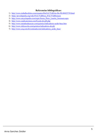 5
Anna Sanches Zeidler
Referencias bibliográficas:
1) http://www.trabalhosfeitos.com/ensaios/Hist%C3%B3ria-Do-Ph/40422739.html
2) https://pt.wikipedia.org/wiki/S%C3%B8ren_S%C3%B8rensen
3) http://www.encyclopedia.com/topic/Soren_Peter_Lauritz_Sorensen.aspx
4) http://www.explicatorium.com/Escala-de-pH.php
5) http://www.mundoeducacao.com/quimica/indicadores-acido-base.htm
6) http://www.infoescola.com/quimica/indicadores-de-ph/
7) http://www.soq.com.br/conteudos/em/indicadores_acido_base/
 