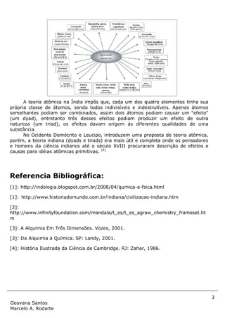 3
Geovana Santos
Marcelo A. Rodarte
A teoria atômica na Índia impôs que, cada um dos quatro elementos tinha sua
própria classe de átomos, sendo todos indivisíveis e indestrutíveis. Apenas átomos
semelhantes podiam ser combinados, assim dois átomos podiam causar um "efeito"
(um dyad), entretanto três desses efeitos podiam produzir um efeito de outra
natureza (um triad), os efeitos davam origem ás diferentes qualidades de uma
substância.
No Ocidente Demócrito e Leucipo, introduzem uma proposta de teoria atômica,
porém, a teoria indiana (dyads e triads) era mais útil e completa onde os pensadores
e homens da ciência indianos até o século XVIII procuraram descrição de efeitos e
causas para idéias atômicas primitivas. [4]
Referencia Bibliográfica:
[1]: http://indologia.blogspot.com.br/2008/04/qumica-e-fsica.html
[1]: http://www.historiadomundo.com.br/indiana/civilizacao-indiana.htm
[2]:
http://www.infinityfoundation.com/mandala/t_es/t_es_agraw_chemistry_frameset.ht
m
[3]: A Alquimia Em Três Dimensões. Vozes, 2001.
[3]: Da Alquimia à Química. SP: Landy, 2001.
[4]: História Ilustrada da Ciência de Cambridge. RJ: Zahar, 1986.
 