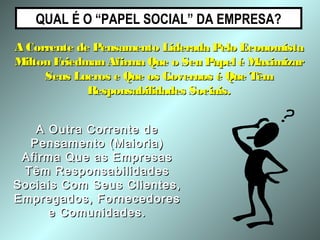 QUAL É O “PAPEL SOCIAL” DA EMPRESA?
A Corrente de Pensamento Liderada Pelo EconomistaA Corrente de Pensamento Liderada Pelo Economista
Milton Friedman Afirma Que o Seu Papel é MaximizarMilton Friedman Afirma Que o Seu Papel é Maximizar
Seus Lucros e Que os Governos é Que TêmSeus Lucros e Que os Governos é Que Têm
Responsabilidades Sociais.Responsabilidades Sociais.
A Outra Corrente deA Outra Corrente de
Pensamento (Maioria)Pensamento (Maioria)
Afirma Que as EmpresasAfirma Que as Empresas
Têm ResponsabilidadesTêm Responsabilidades
Sociais Com Seus Clientes,Sociais Com Seus Clientes,
Empregados, FornecedoresEmpregados, Fornecedores
e Comunidades.e Comunidades.
 