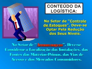 CONTEÚDO DA
LOGÍSTICA:
No Setor de “No Setor de “ControleControle
de Estoquesde Estoques”, Deve-se”, Deve-se
Optar Pela ReduçãoOptar Pela Redução
dos Seus Níveis.dos Seus Níveis.
No Setorde “No Setorde “ArmazenagemArmazenagem”, Deve-se”, Deve-se
Considerara Localização das Instalações, dasConsiderara Localização das Instalações, das
Fontes das Matérias-Primas, das Vias deFontes das Matérias-Primas, das Vias de
Acesso e dos Mercados Consumidores.Acesso e dos Mercados Consumidores.
 